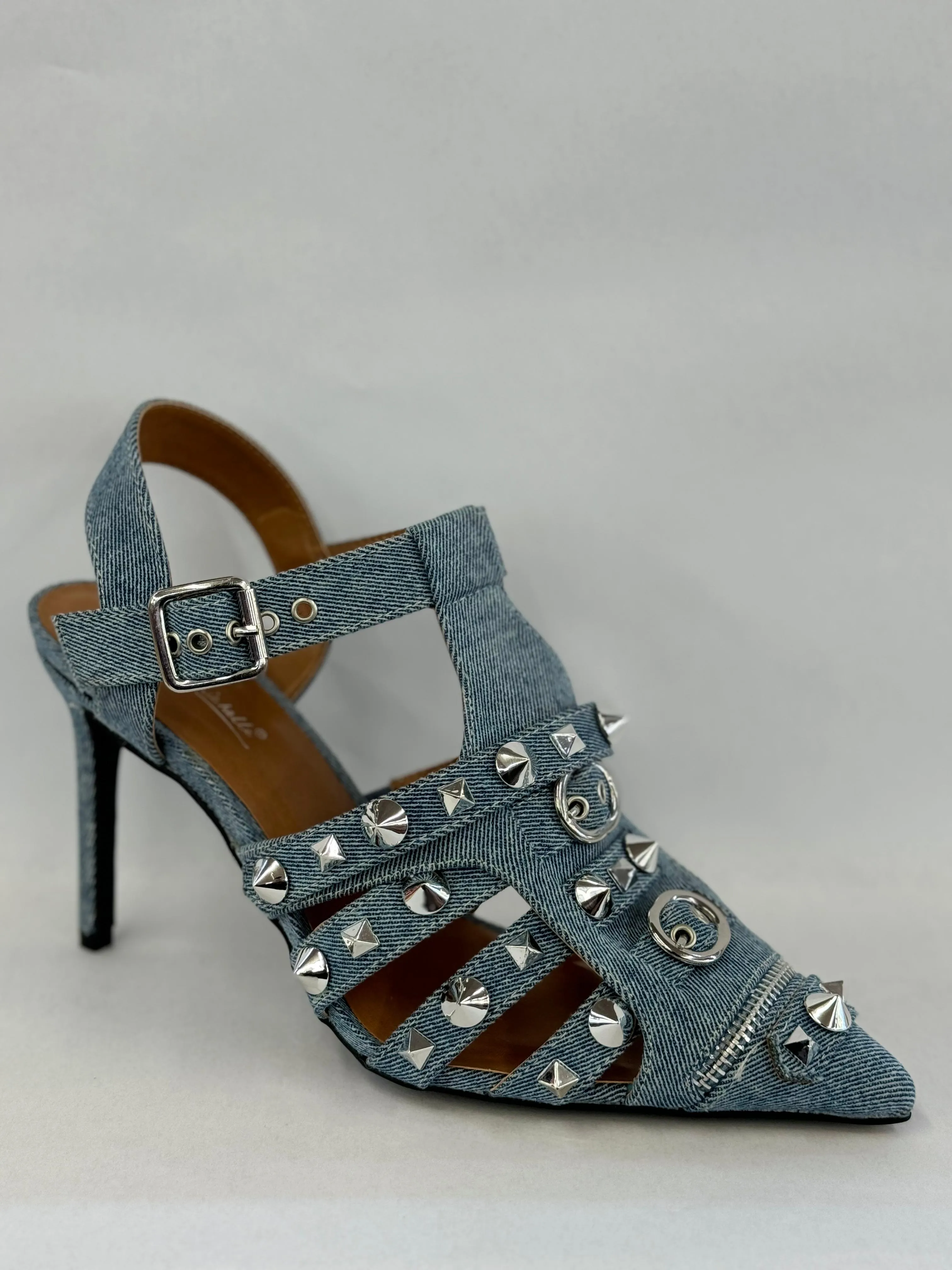 Anne Michelle Neroli-18 Spike Studded Pointy Toe Stiletto Heel Denim Pumps