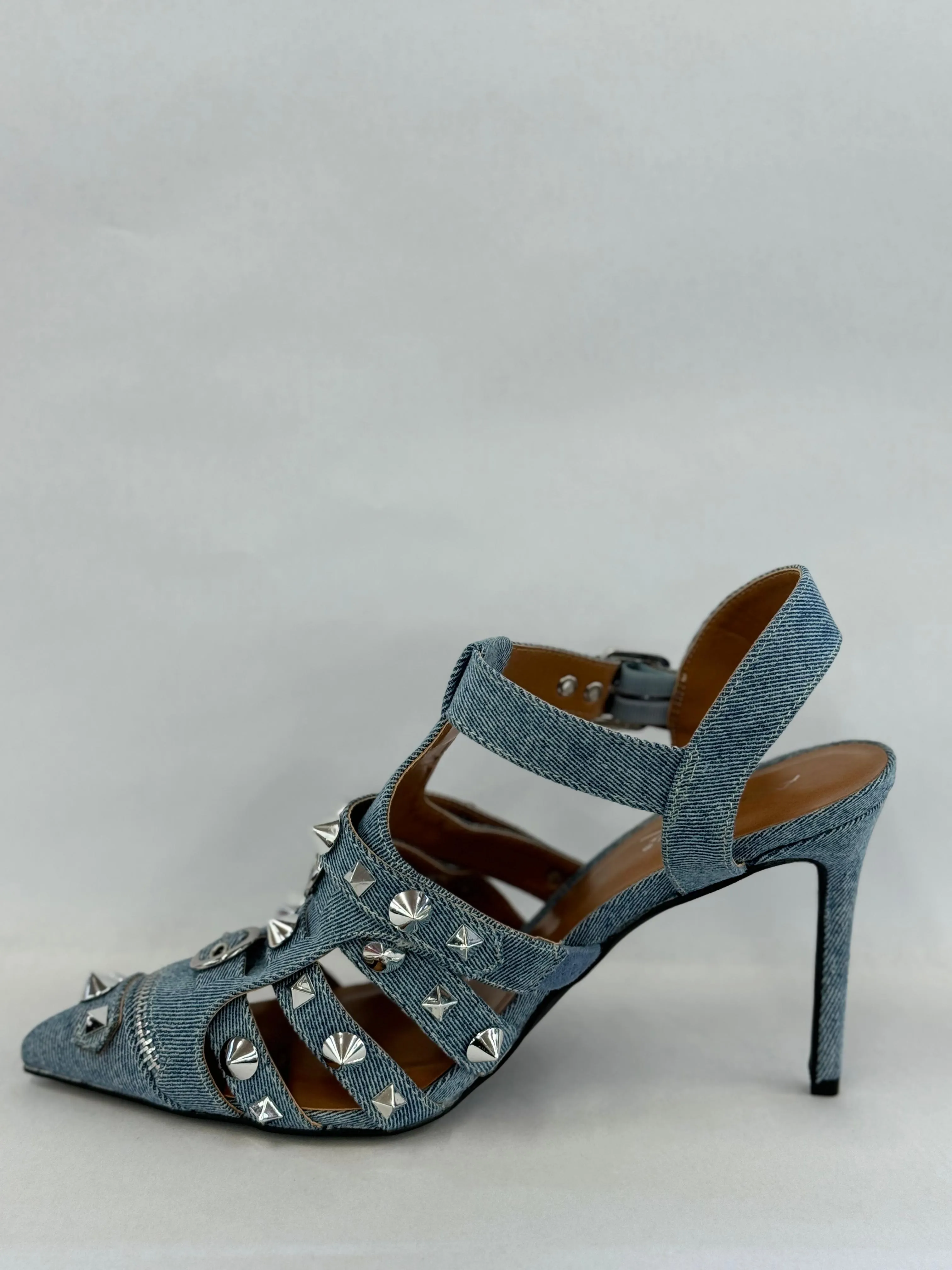 Anne Michelle Neroli-18 Spike Studded Pointy Toe Stiletto Heel Denim Pumps