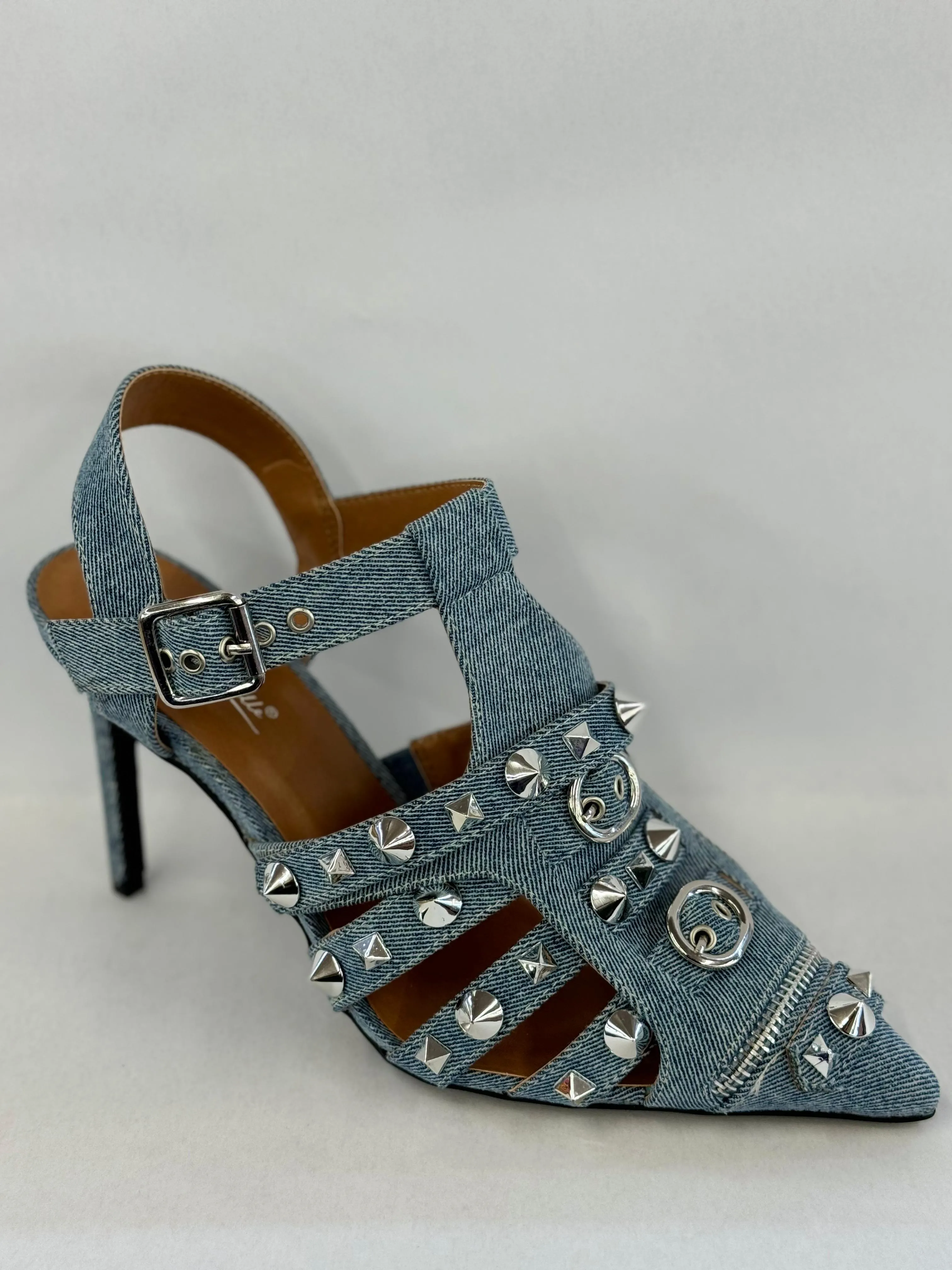 Anne Michelle Neroli-18 Spike Studded Pointy Toe Stiletto Heel Denim Pumps
