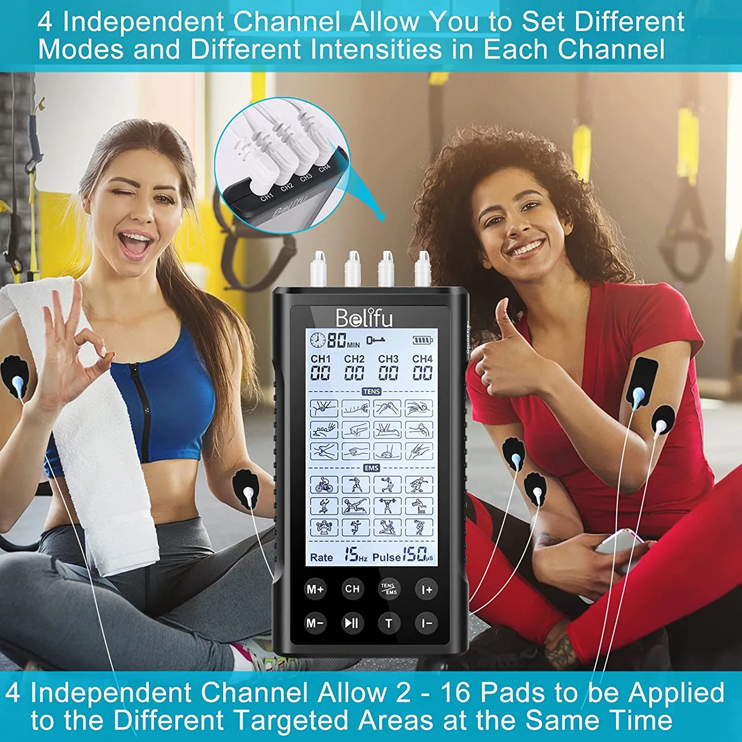 Belifu 4 Independent Channel TENS EMS Unit, 24 Modes,30 Level Intensity Muscle Stimulator Machine, Rechargeable Electric Pulse Massager with 10 Pads&5 Set Leads Wires, for Pain Relief Therapy