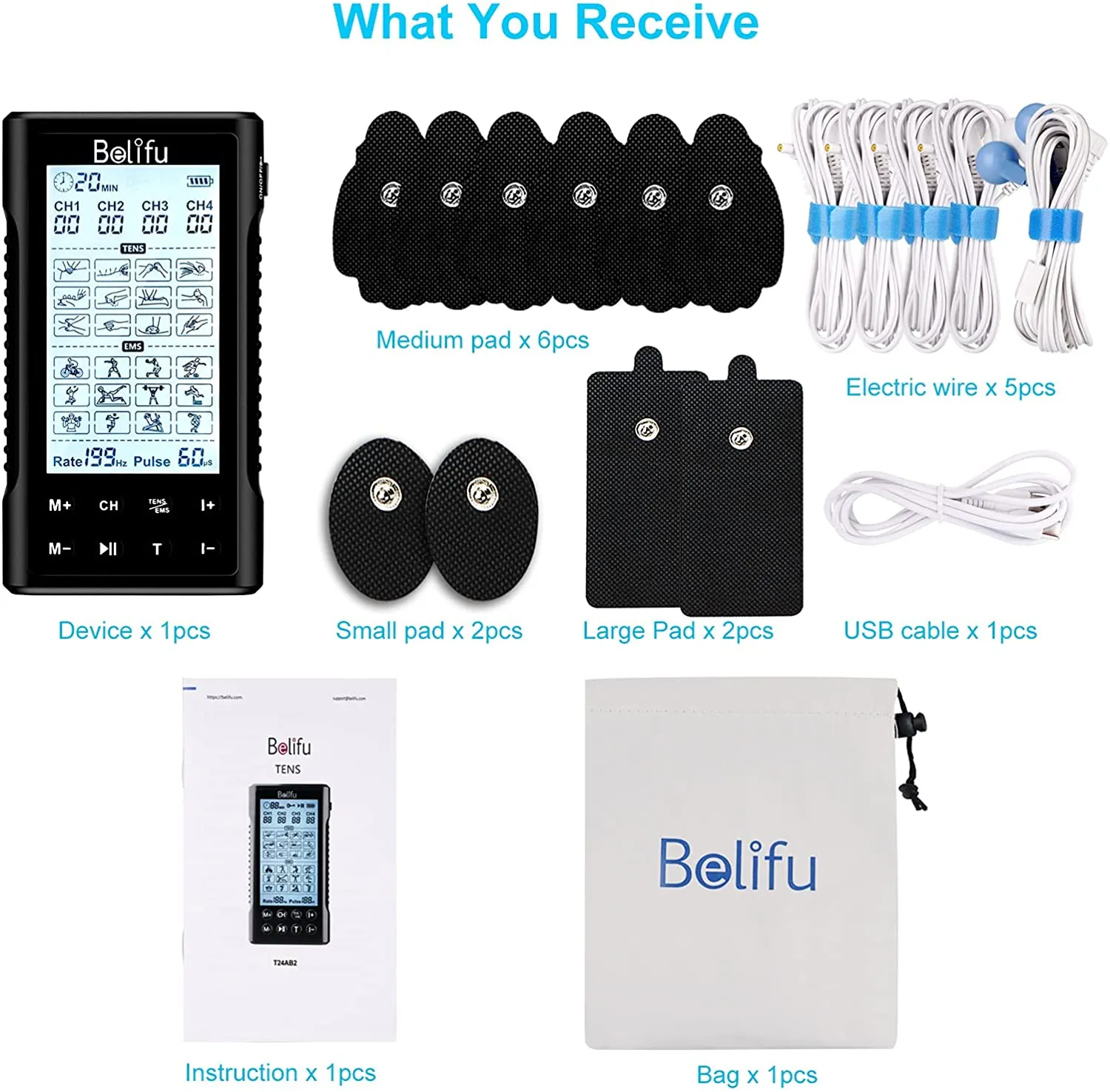 Belifu 4 Independent Channel TENS EMS Unit, 24 Modes,30 Level Intensity Muscle Stimulator Machine, Rechargeable Electric Pulse Massager with 10 Pads&5 Set Leads Wires, for Pain Relief Therapy