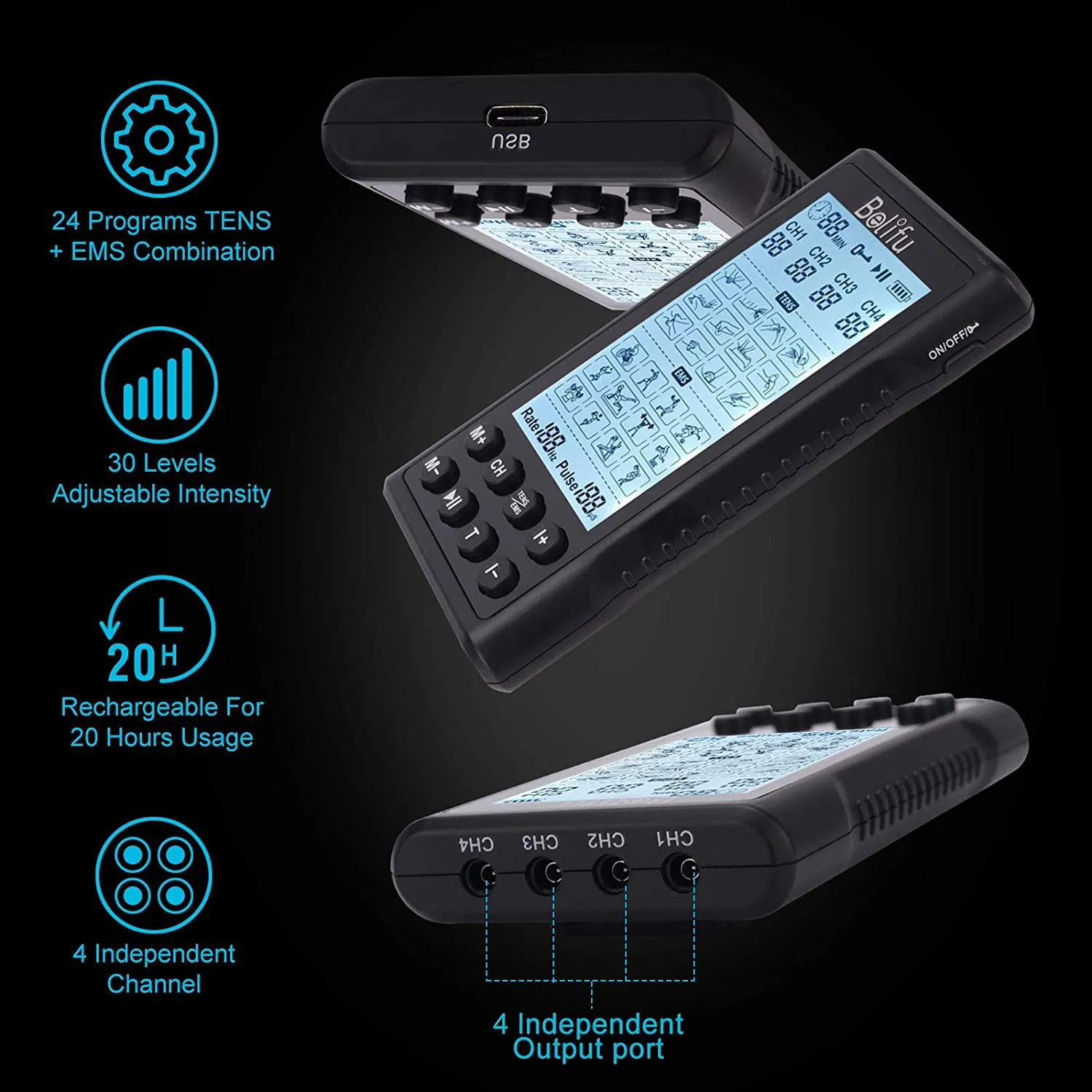 Belifu 4 Independent Channel TENS EMS Unit, 24 Modes,30 Level Intensity Muscle Stimulator Machine, Rechargeable Electric Pulse Massager with 10 Pads&5 Set Leads Wires, for Pain Relief Therapy