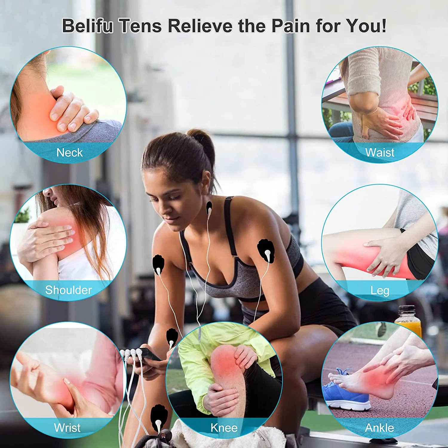 Belifu 4 Independent Channel TENS EMS Unit, 24 Modes,30 Level Intensity Muscle Stimulator Machine, Rechargeable Electric Pulse Massager with 10 Pads&5 Set Leads Wires, for Pain Relief Therapy