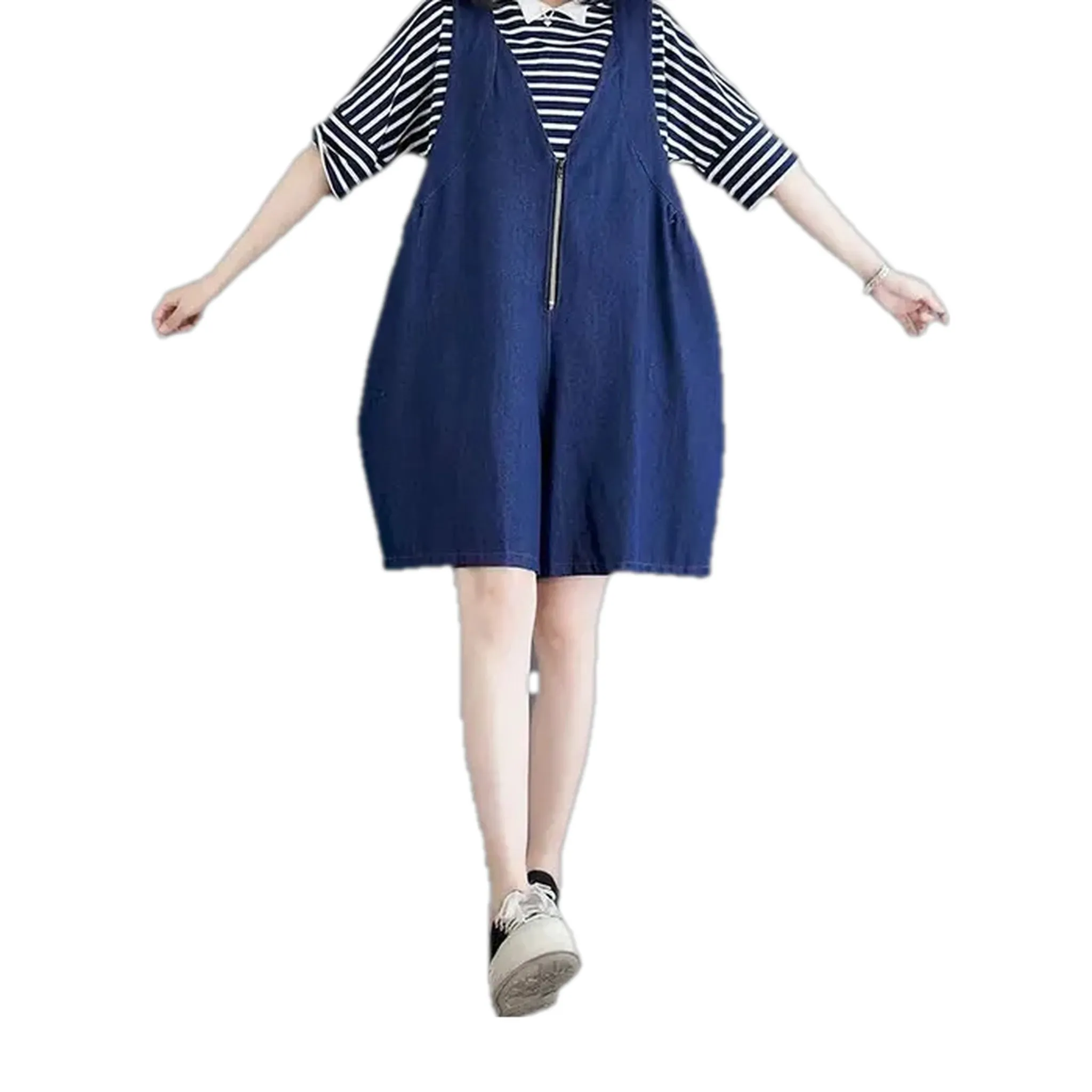Casual baggy dark jeans romper for women