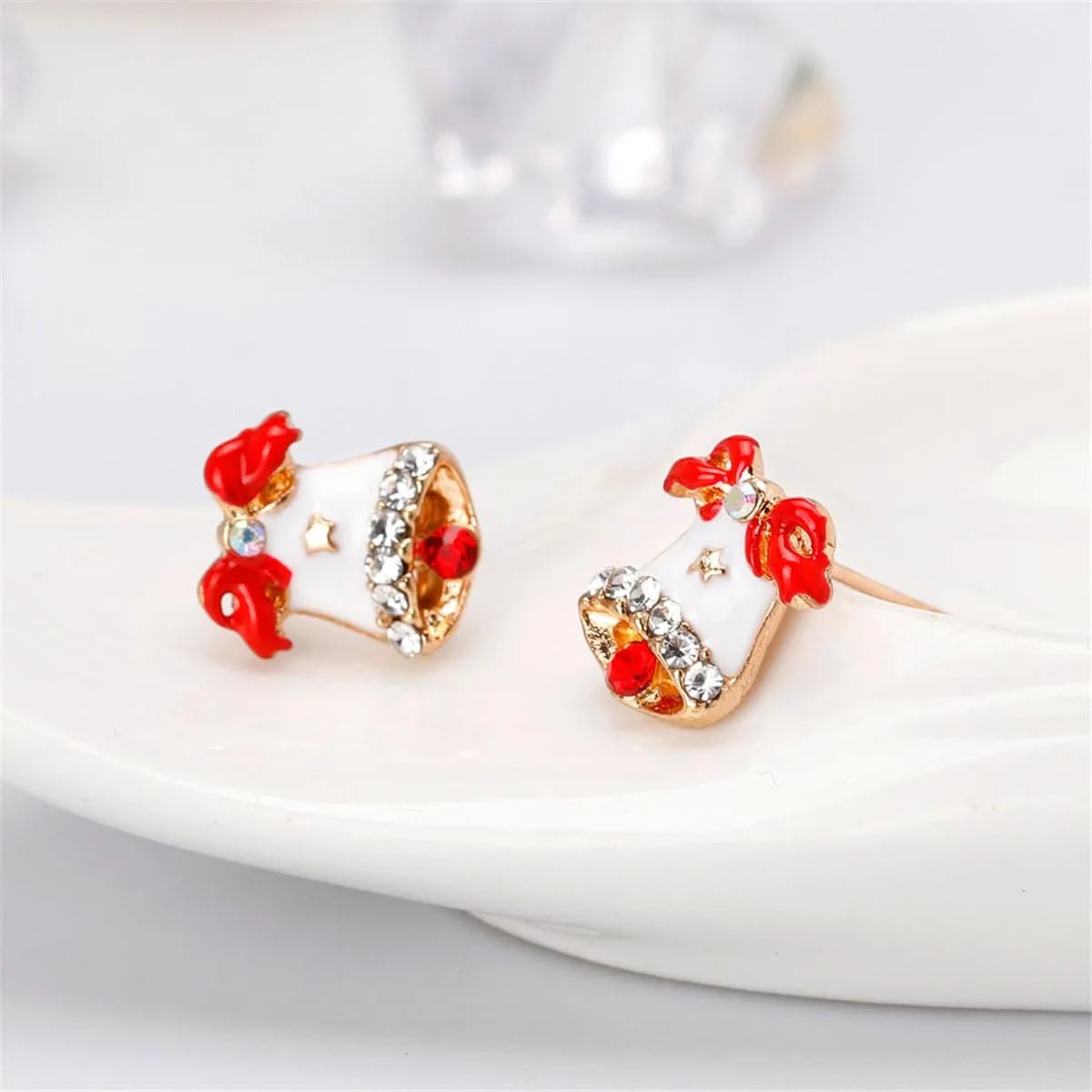 Cubic Zirconia & Enamel 18K Gold-Plated Christmas Bell Stud Earrings