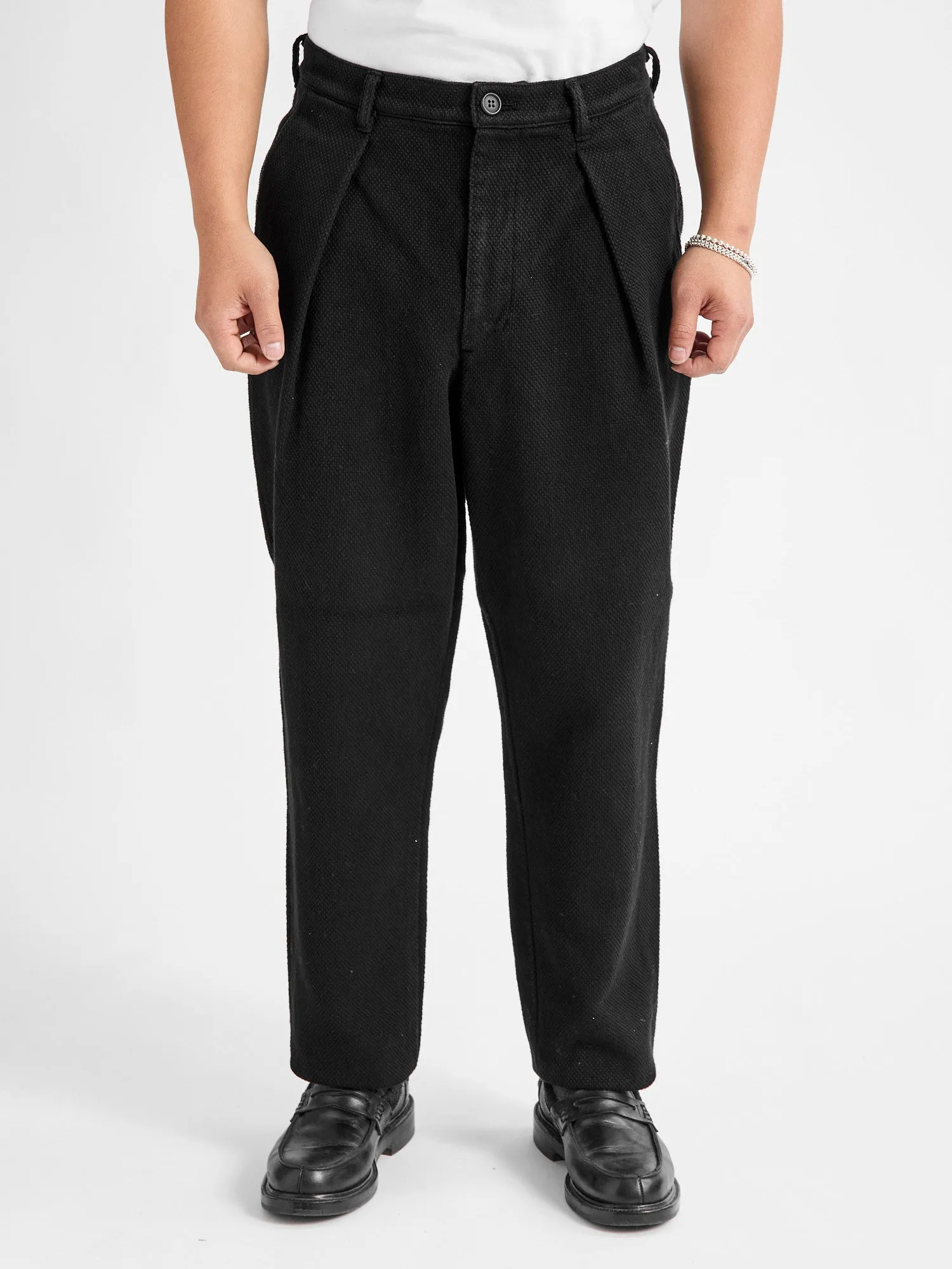 Double Cloth Sashiko Trousers in Black