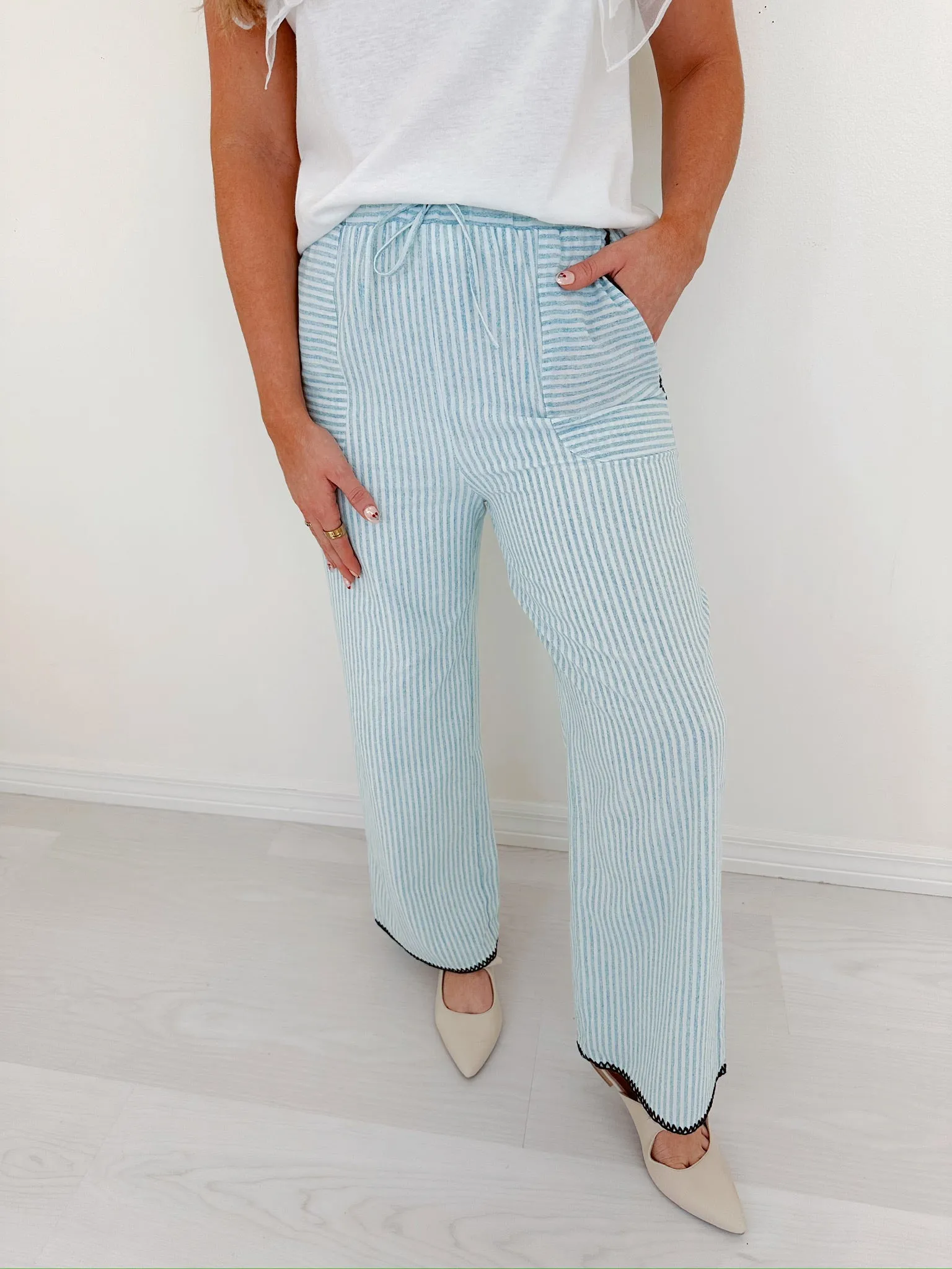 Effortless Style Striped Wide Leg Pants - Dusty Blue