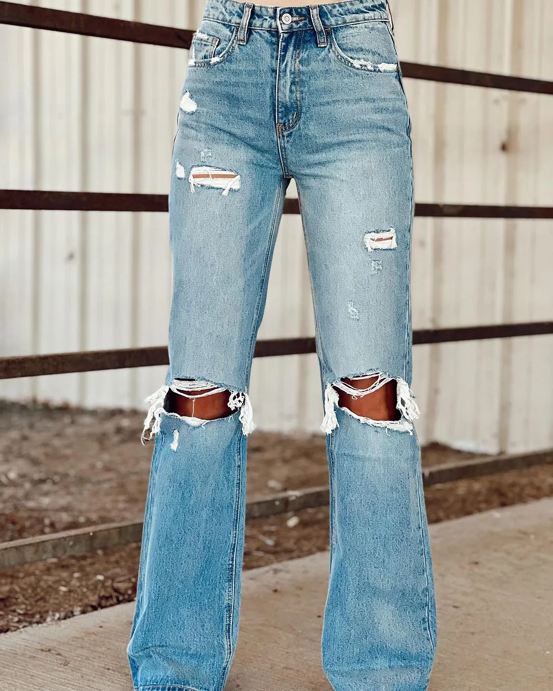 Fashion retro washed ripped wide-leg jeans