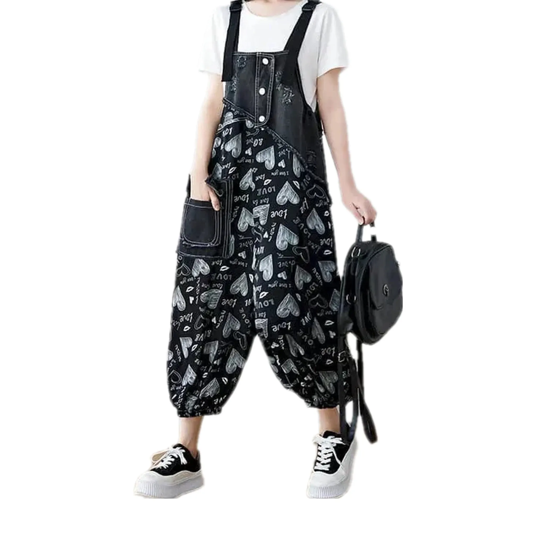 Fashionable baggy fit worn look jean bib for women