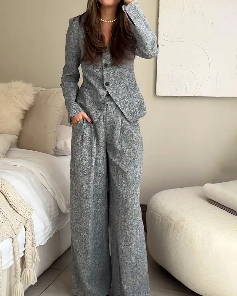 Fashionable Square Collar Blazer & Pants Two-Piece Set