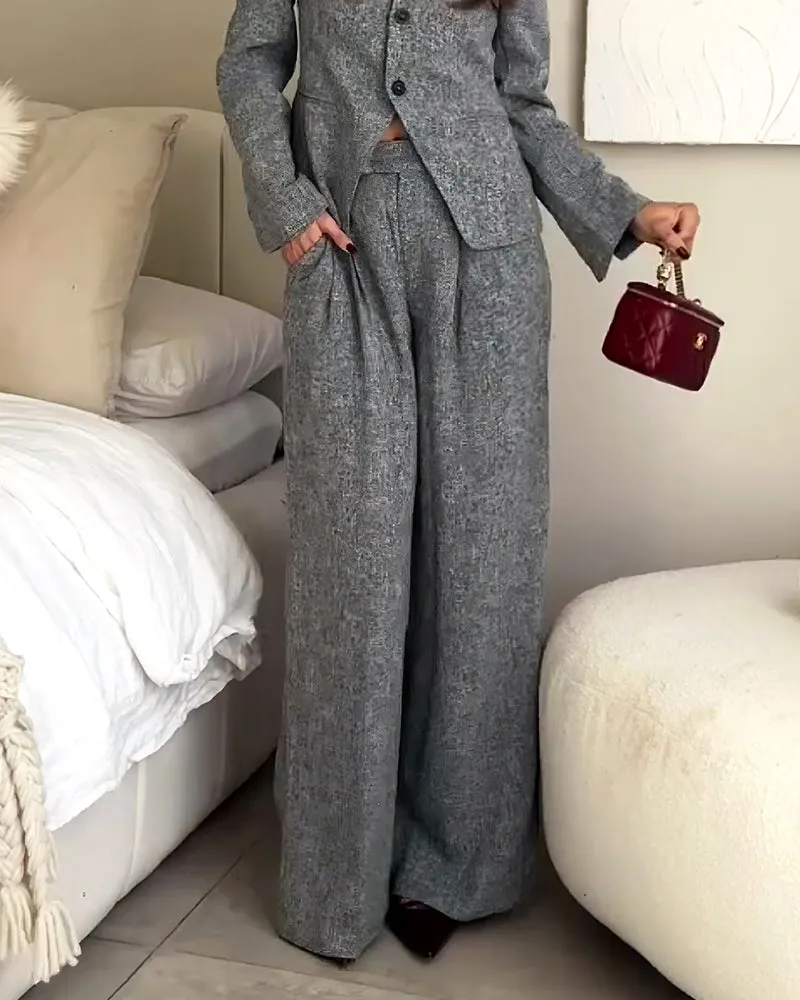 Fashionable Square Collar Blazer & Pants Two-Piece Set
