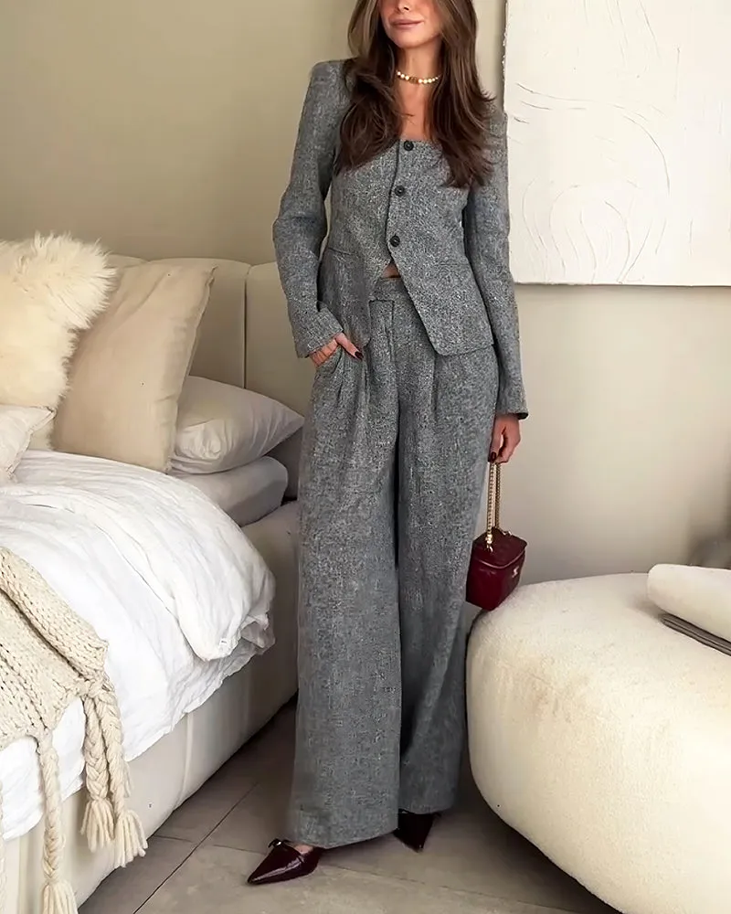 Fashionable Square Collar Blazer & Pants Two-Piece Set