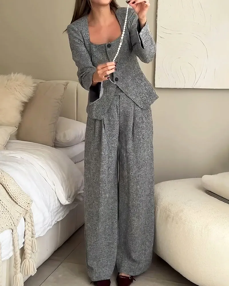 Fashionable Square Collar Blazer & Pants Two-Piece Set