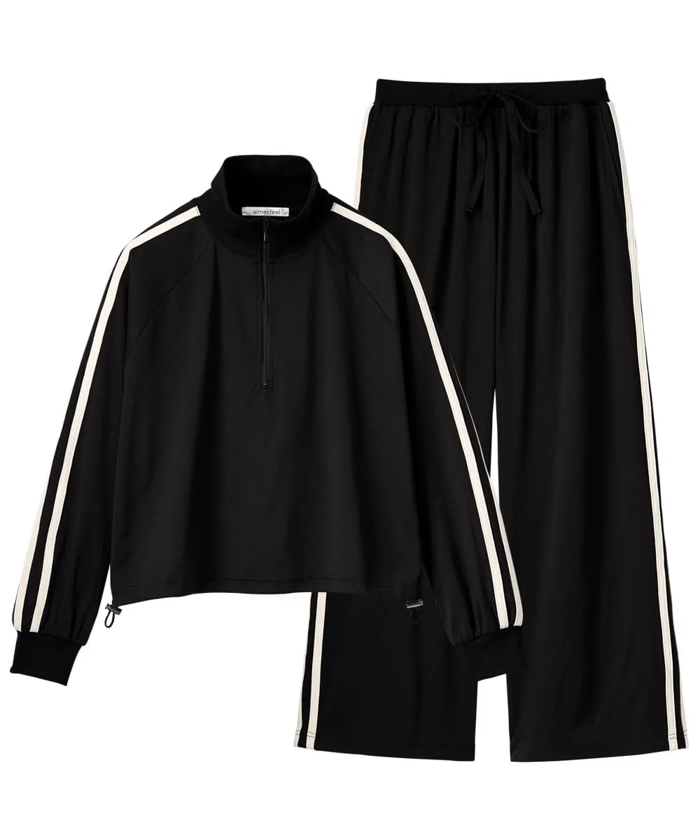 Half Zip Line Long Sleeve Top and Bottom Set