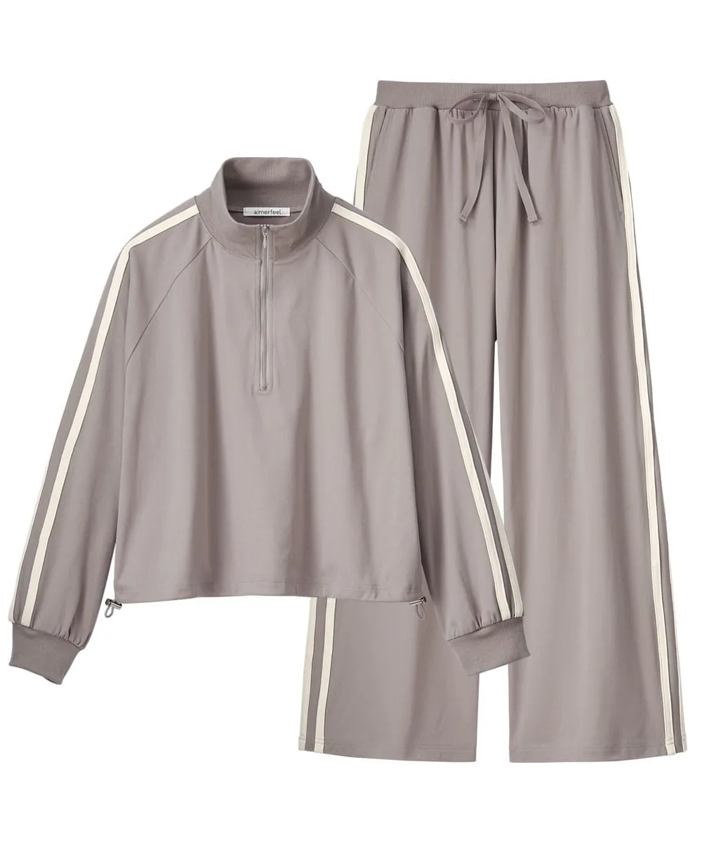Half Zip Line Long Sleeve Top and Bottom Set