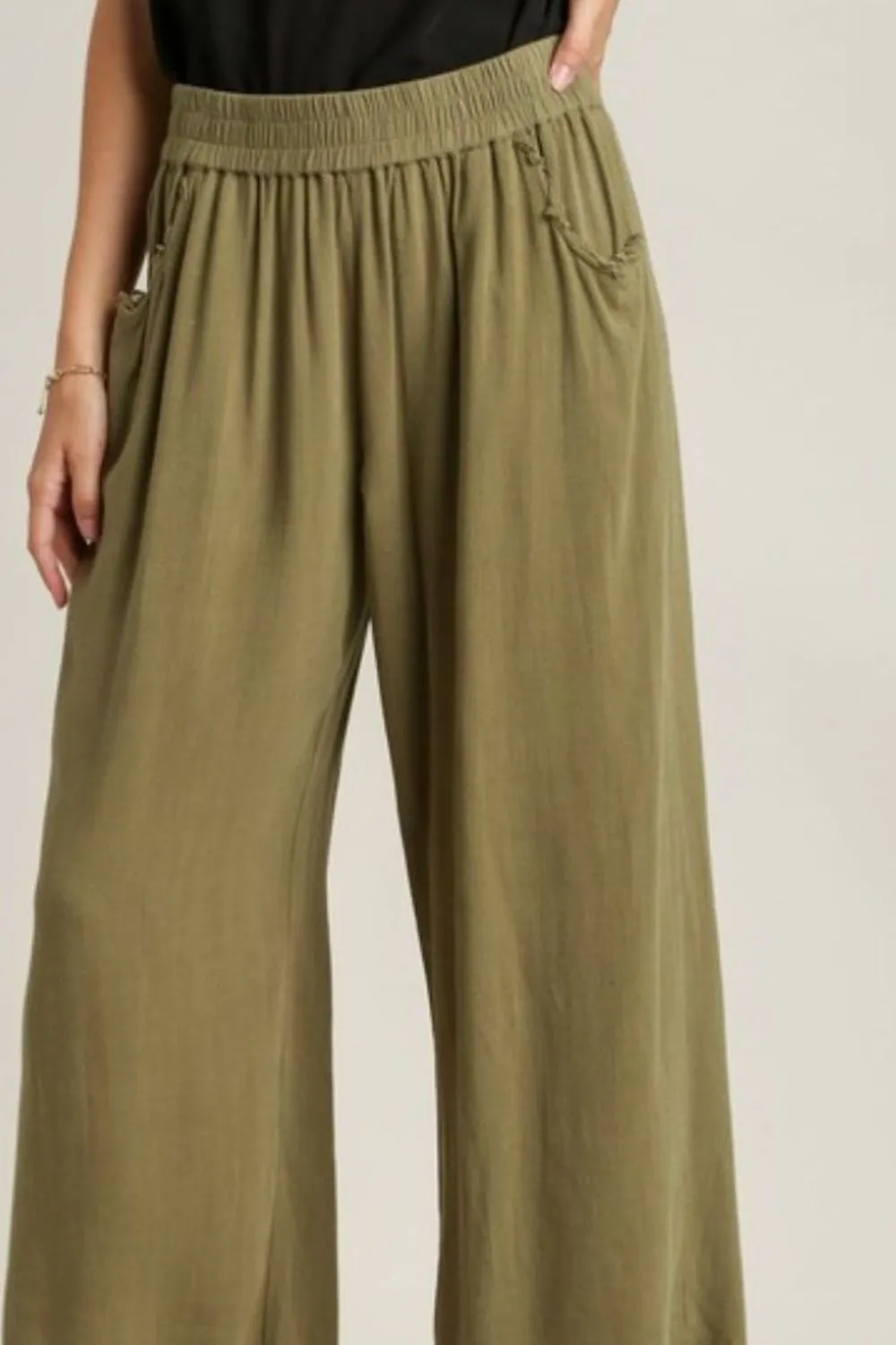 Hazel Blues® | Umgee Linen Blend Elastic Waistband Wide Leg Pants