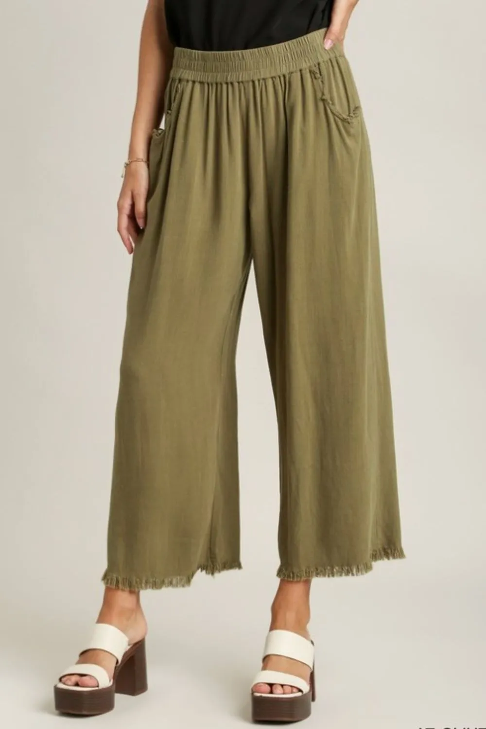 Hazel Blues® | Umgee Linen Blend Elastic Waistband Wide Leg Pants