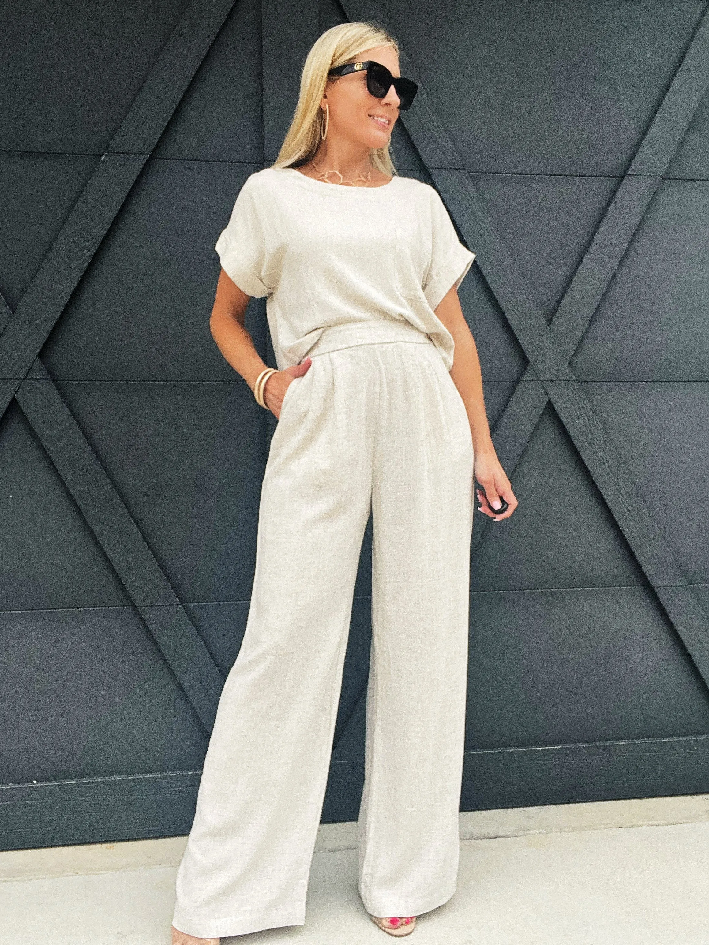 High Waisted Pleated Linen Pants In Oatmeal