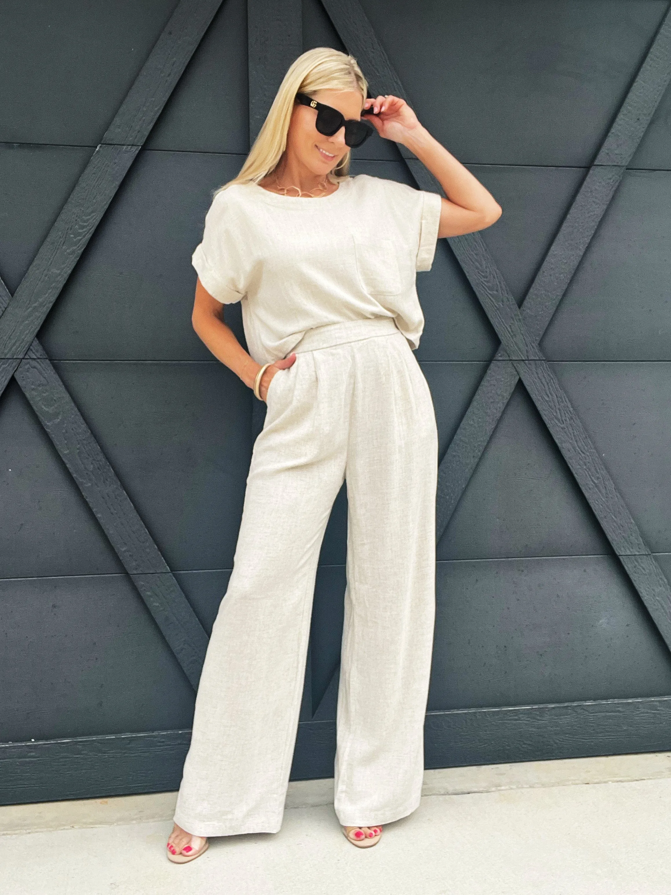 High Waisted Pleated Linen Pants In Oatmeal
