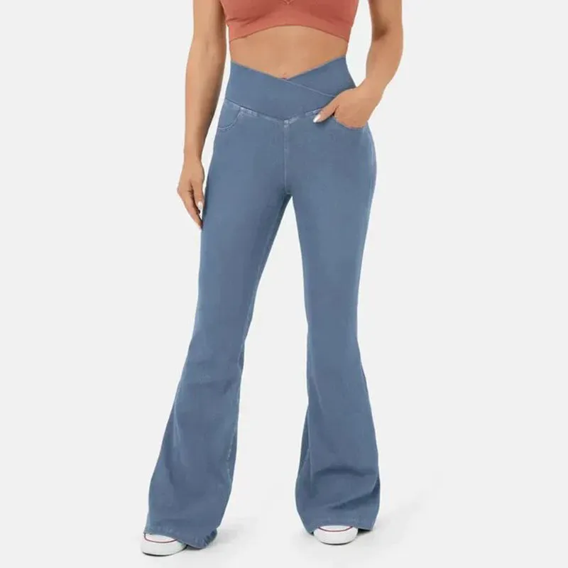 High-waisted stretch denim flared pants