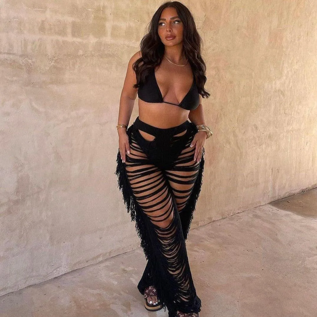 Jada Ripped Side Tassel Straight Pants