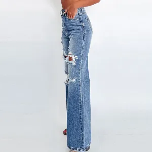 Jazzher western outfits women Autumn New Solid Color High Waist Jeans Women's Fashion Trendy Ripped Wide Leg Pants with Buttons Women's Clothing