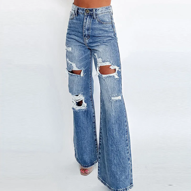 Jazzher western outfits women Autumn New Solid Color High Waist Jeans Women's Fashion Trendy Ripped Wide Leg Pants with Buttons Women's Clothing