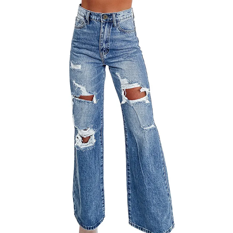 Jazzher western outfits women Autumn New Solid Color High Waist Jeans Women's Fashion Trendy Ripped Wide Leg Pants with Buttons Women's Clothing
