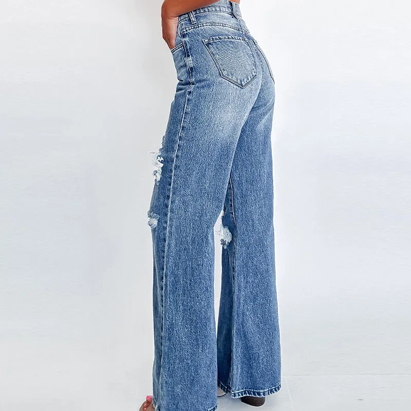 Jazzher western outfits women Autumn New Solid Color High Waist Jeans Women's Fashion Trendy Ripped Wide Leg Pants with Buttons Women's Clothing