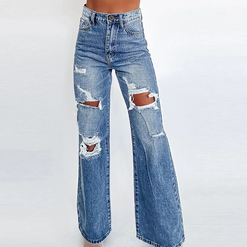 Jazzher western outfits women Autumn New Solid Color High Waist Jeans Women's Fashion Trendy Ripped Wide Leg Pants with Buttons Women's Clothing