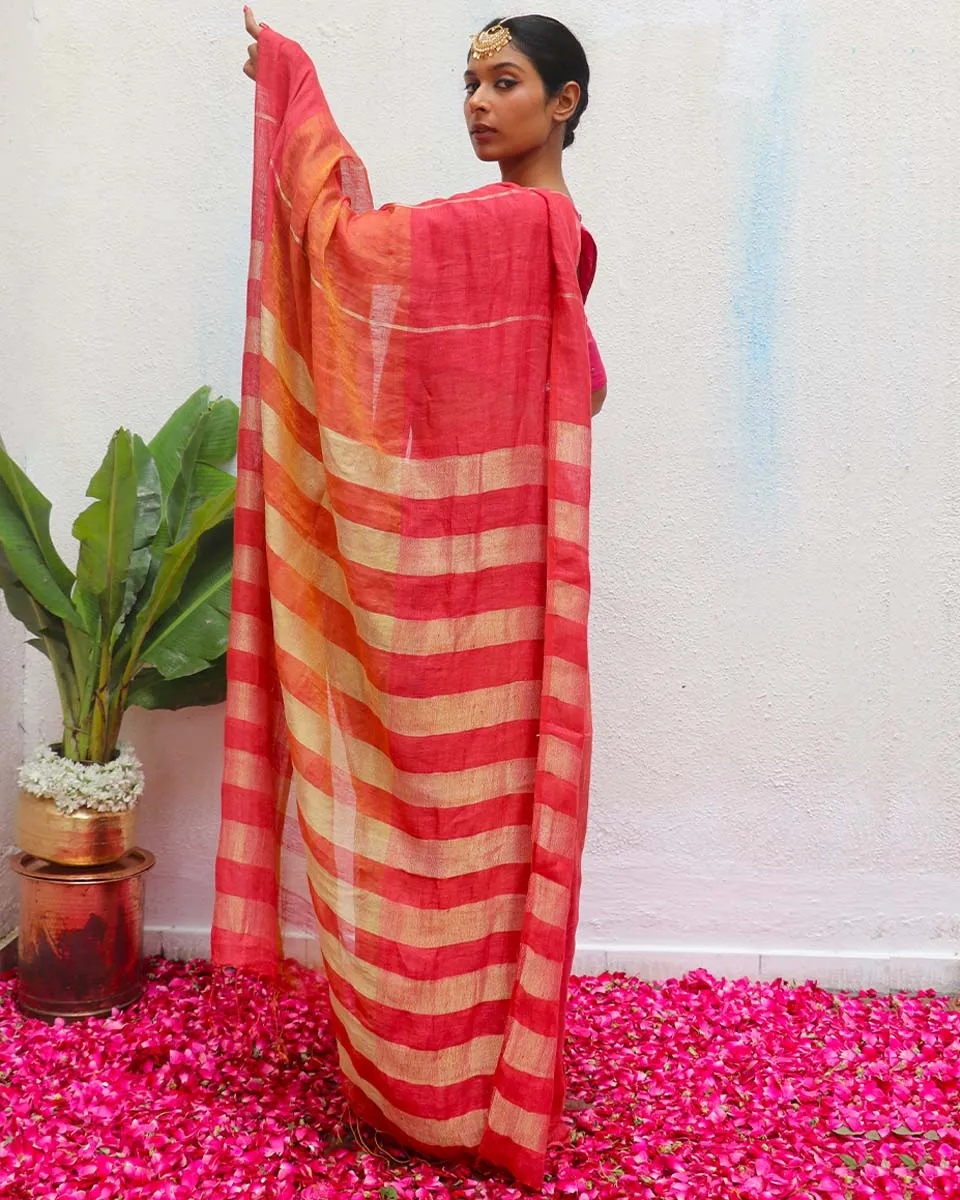 Jyotsna Maroon Handwoven Linen Zari Saree - Eknoor