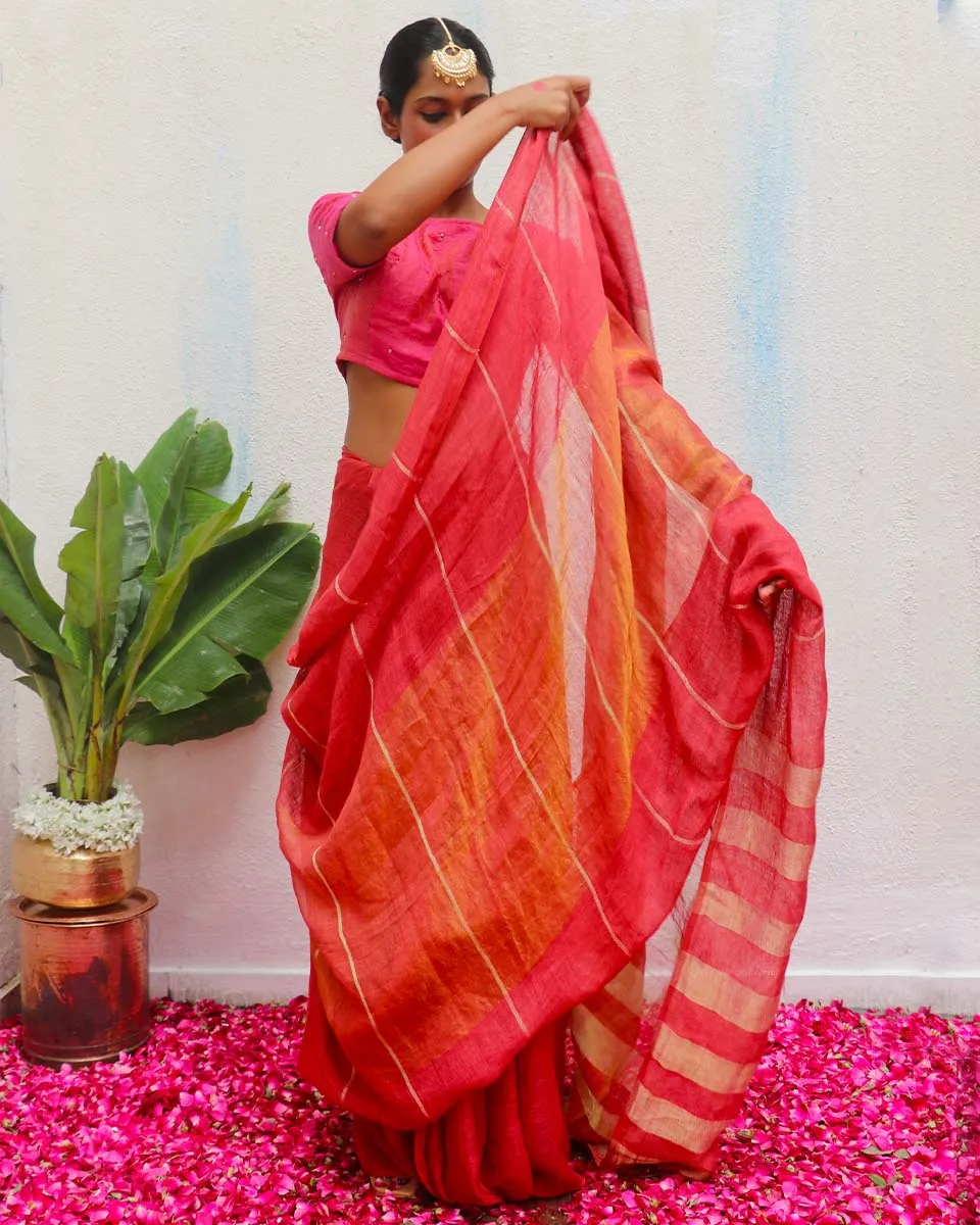 Jyotsna Maroon Handwoven Linen Zari Saree - Eknoor