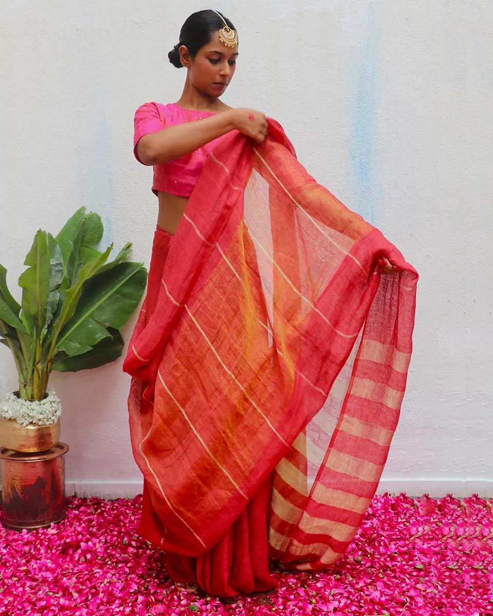 Jyotsna Maroon Handwoven Linen Zari Saree - Eknoor