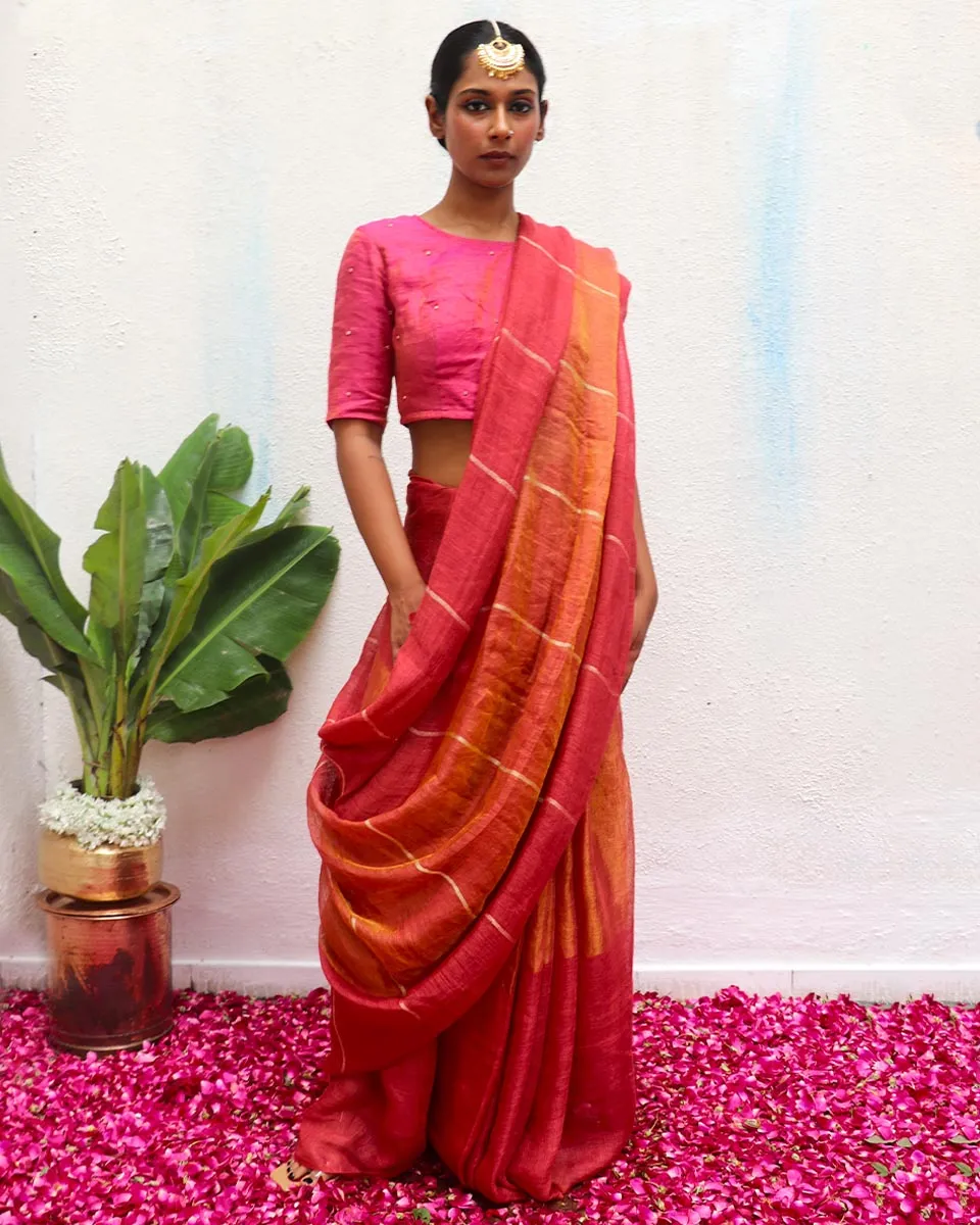 Jyotsna Maroon Handwoven Linen Zari Saree - Eknoor