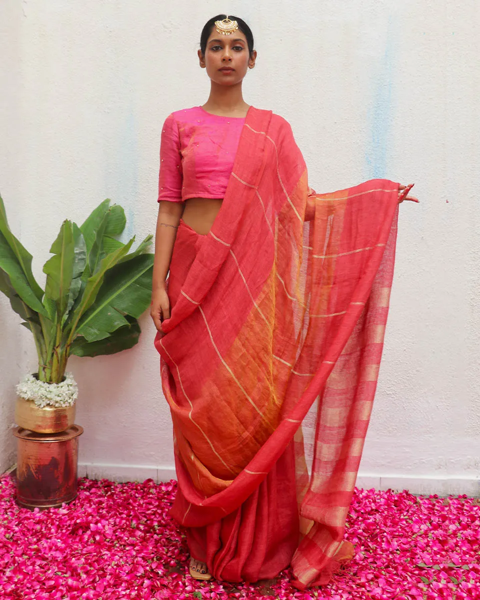 Jyotsna Maroon Handwoven Linen Zari Saree - Eknoor