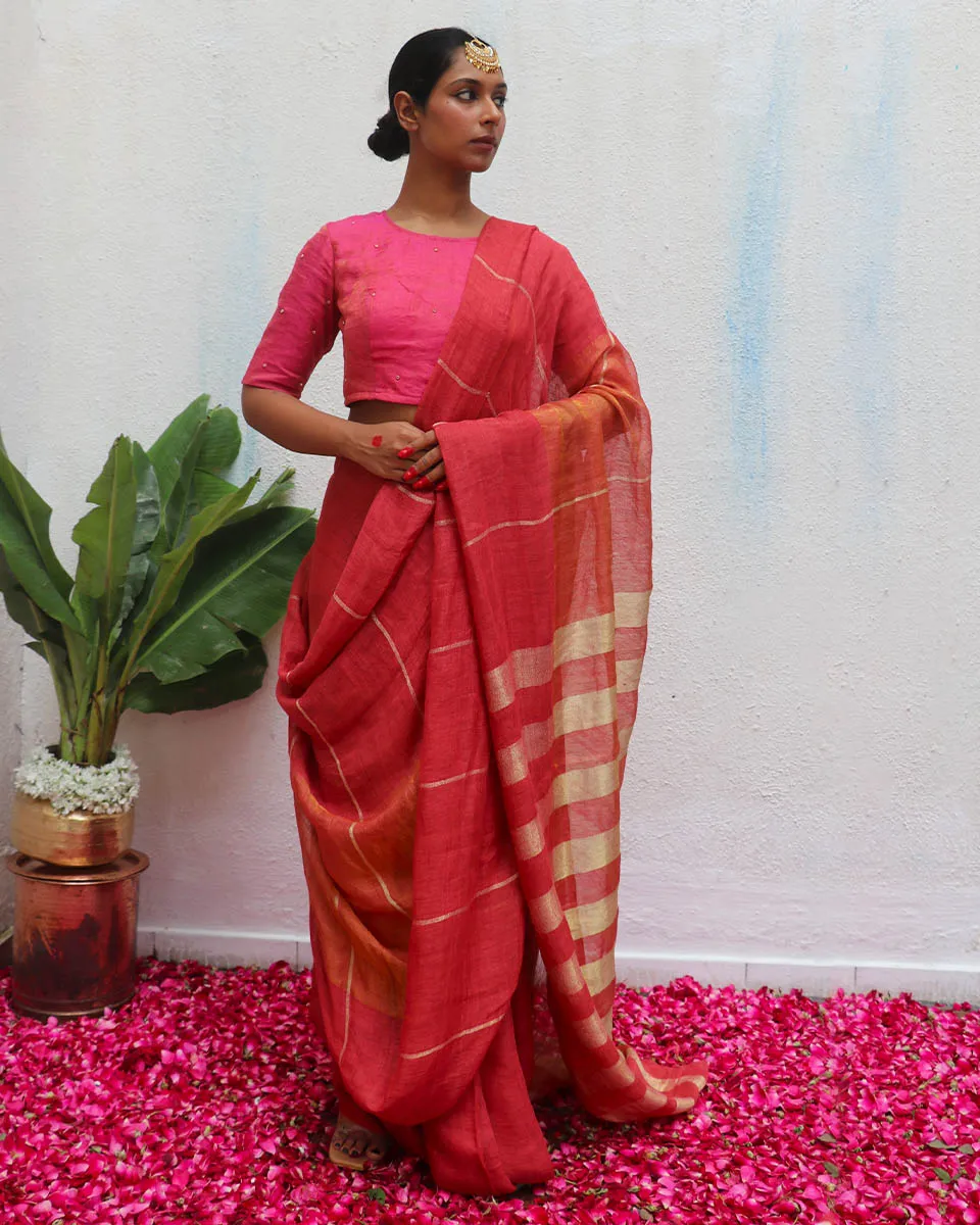 Jyotsna Maroon Handwoven Linen Zari Saree - Eknoor