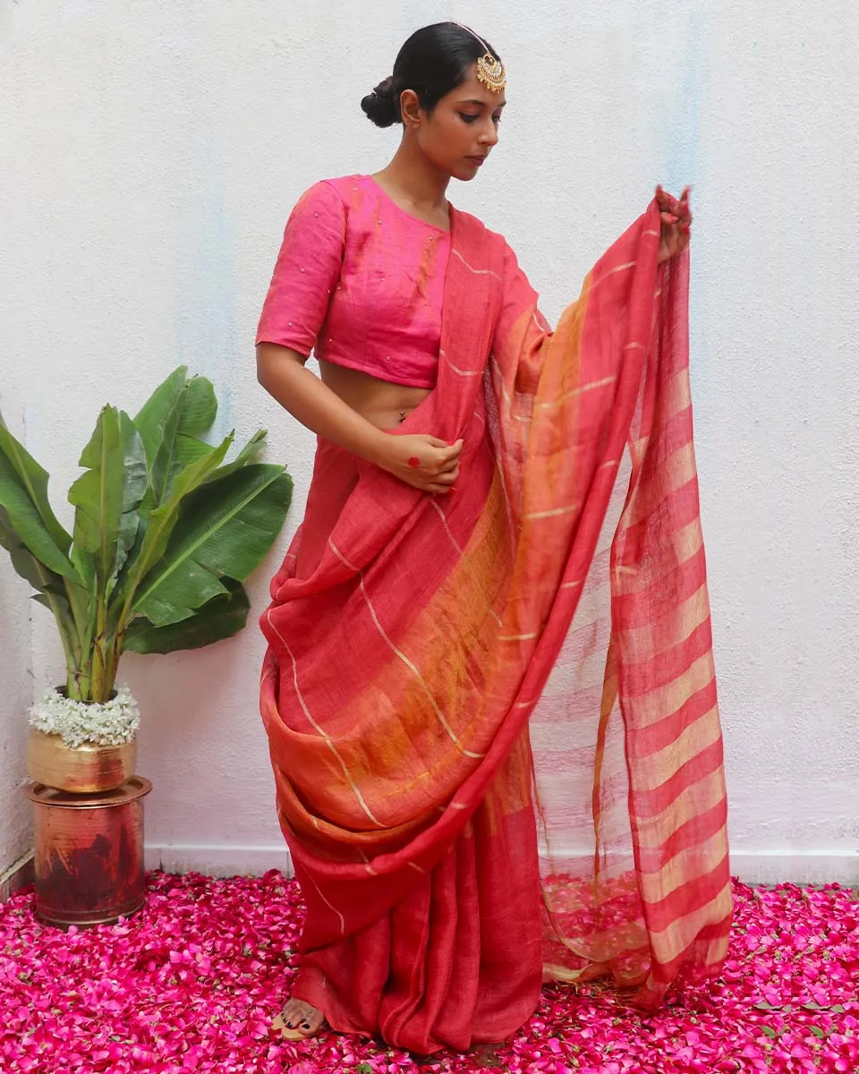 Jyotsna Maroon Handwoven Linen Zari Saree - Eknoor