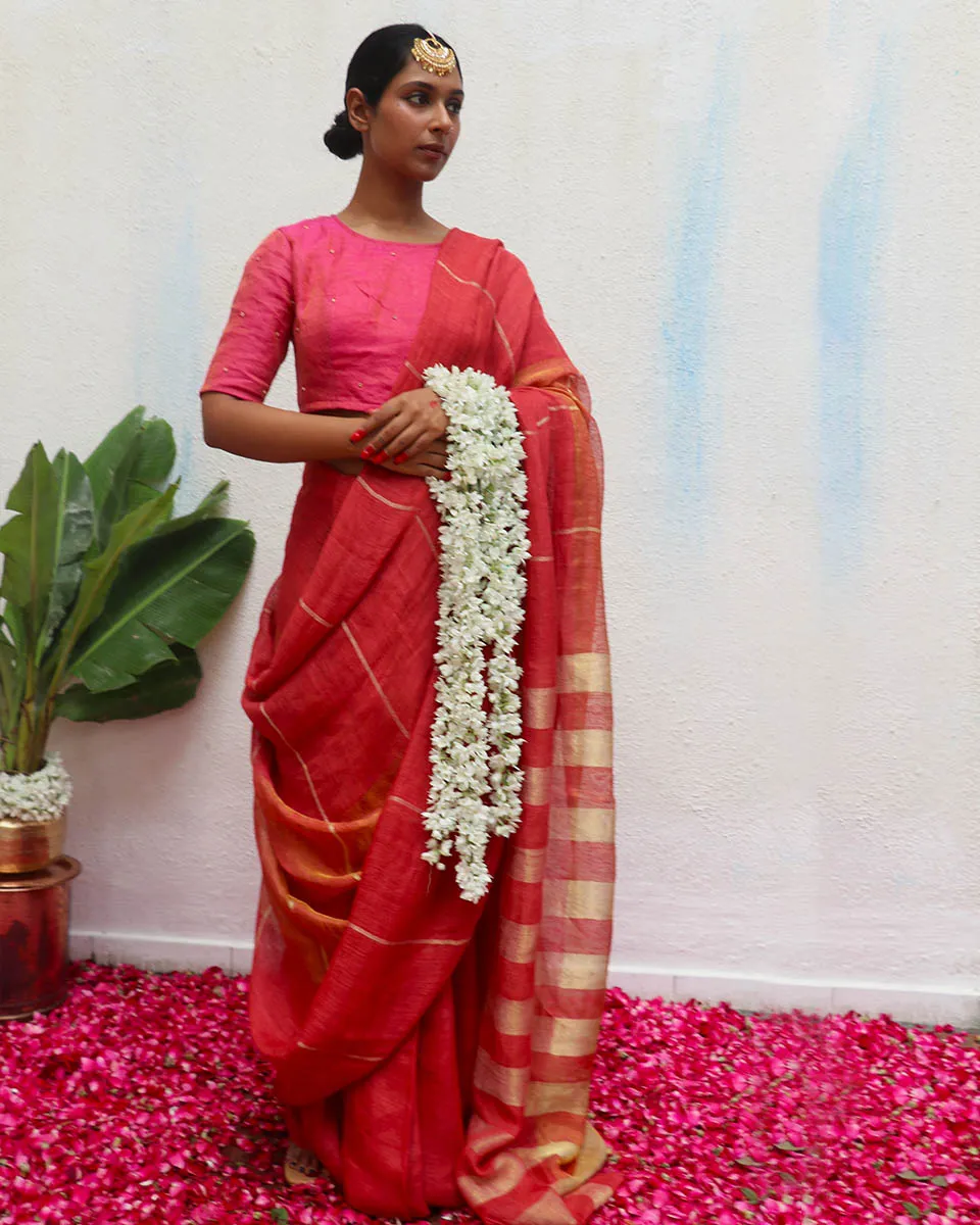 Jyotsna Maroon Handwoven Linen Zari Saree - Eknoor