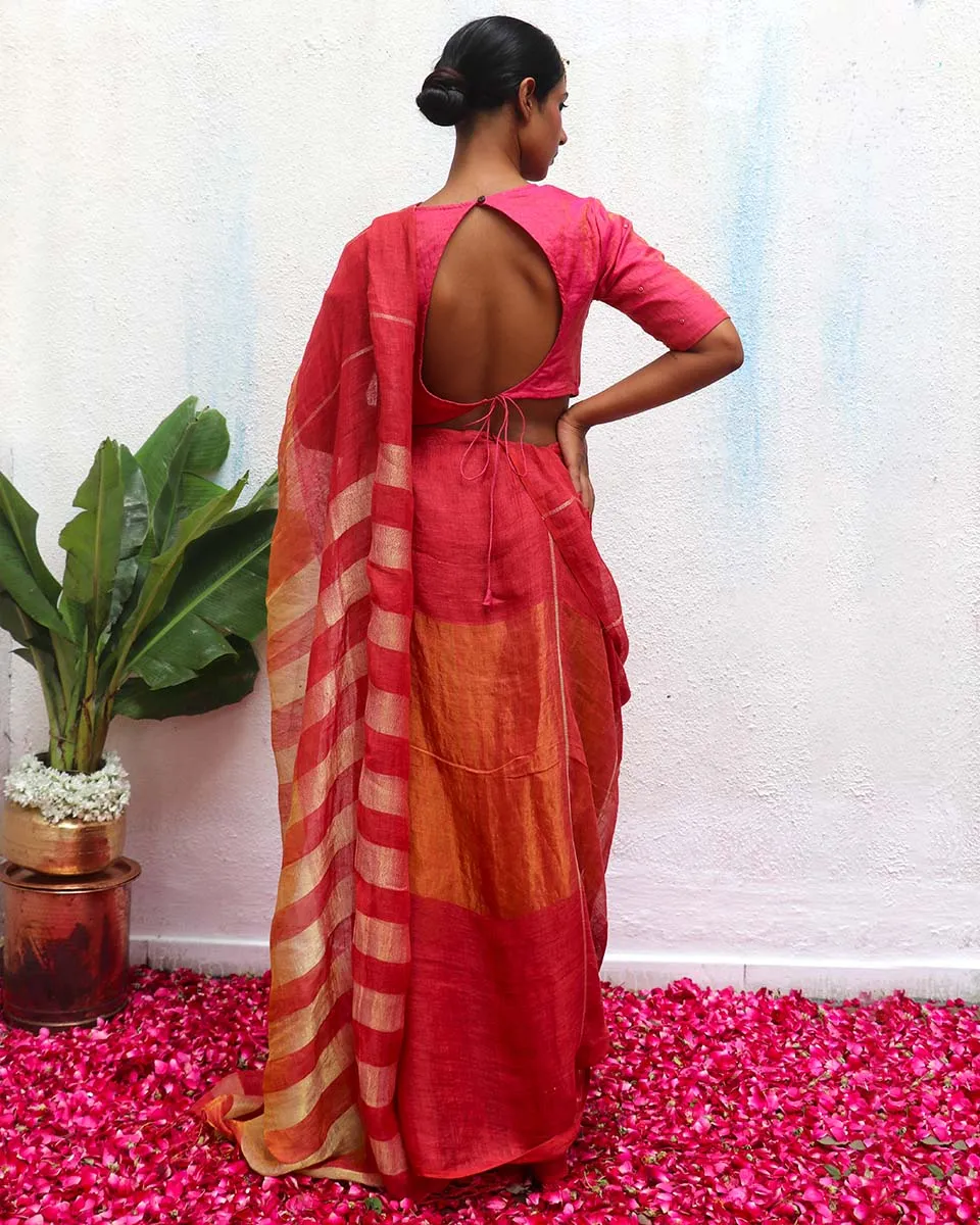 Jyotsna Maroon Handwoven Linen Zari Saree - Eknoor