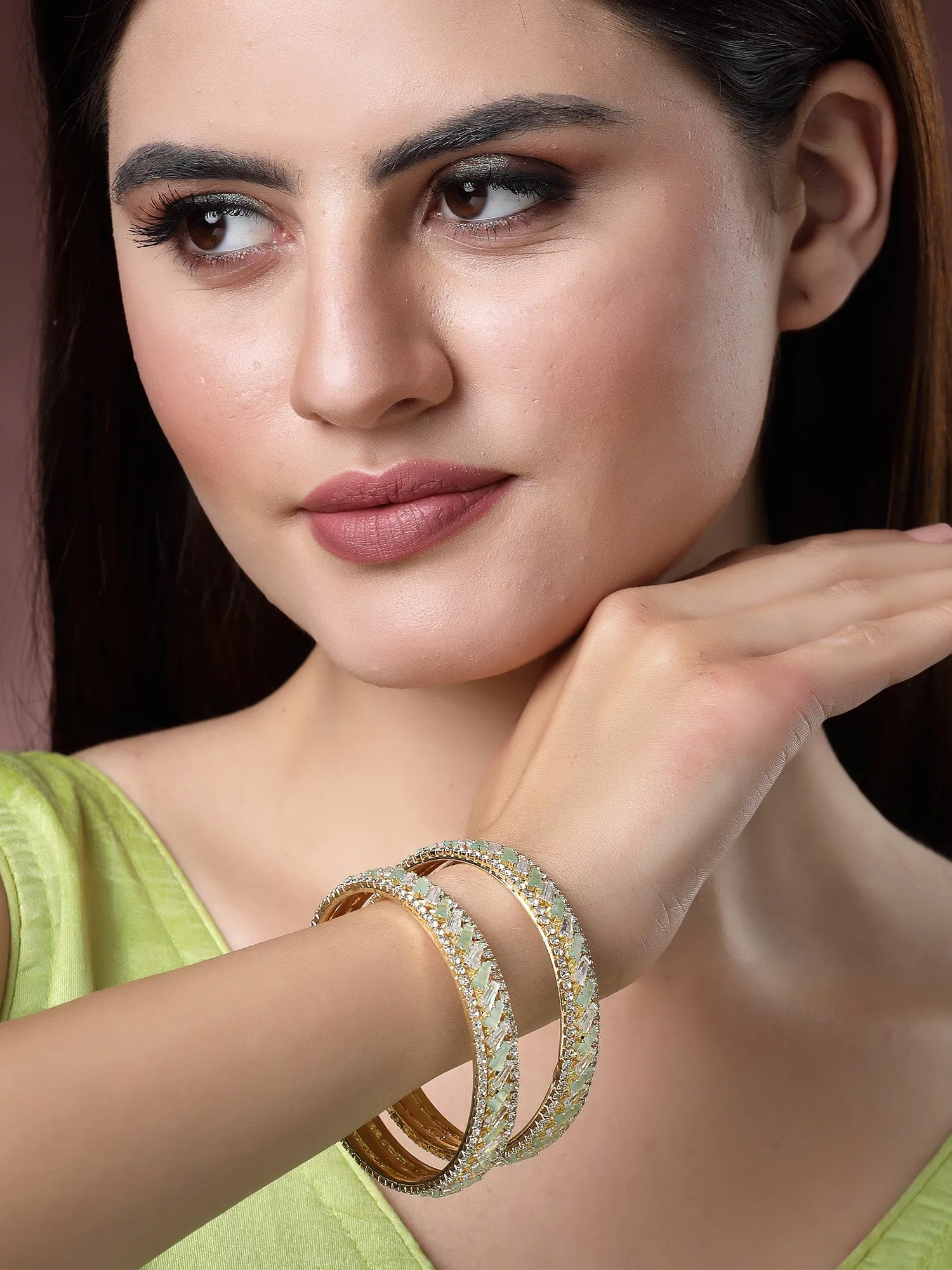 Karatcart Set of 2 Gold Plated Lime Green CZ Studded Bangles for Women