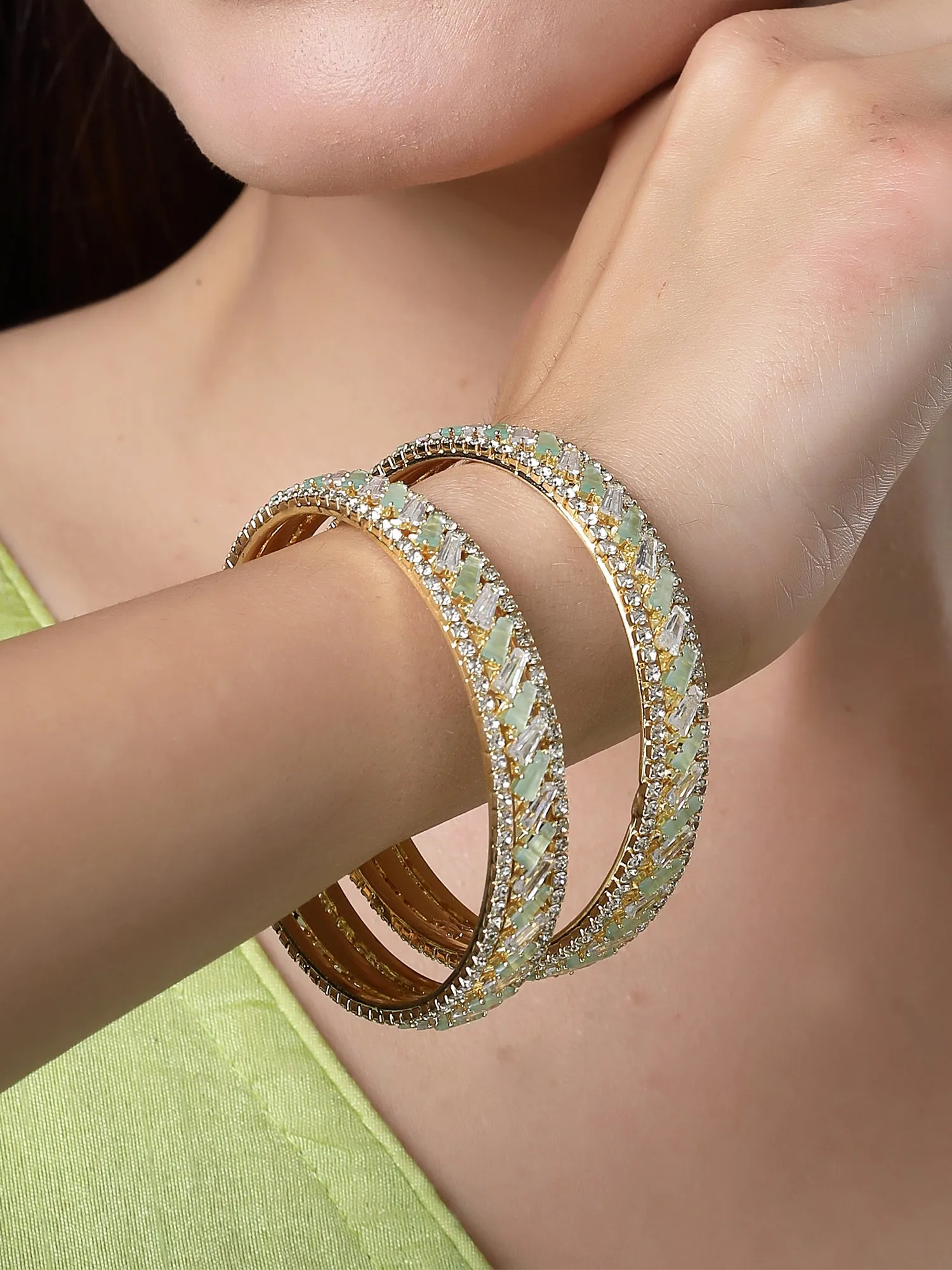 Karatcart Set of 2 Gold Plated Lime Green CZ Studded Bangles for Women