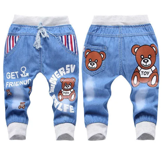 Kids Jeans Elastic Waist Straight Bear Pattern Denim Seventh Pants Retail Boy Jeans For 2-5 Years WB142
