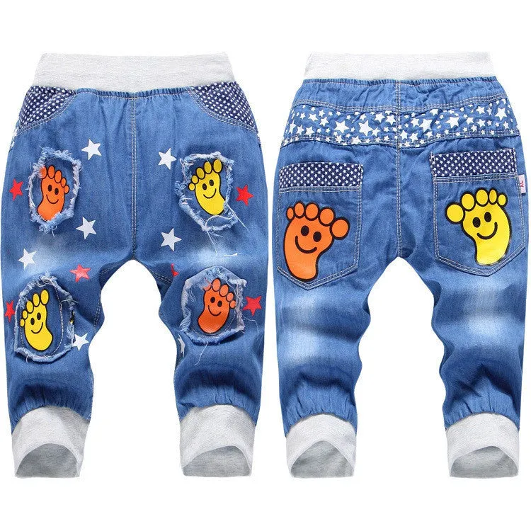 Kids Jeans Elastic Waist Straight Bear Pattern Denim Seventh Pants Retail Boy Jeans For 2-5 Years WB142