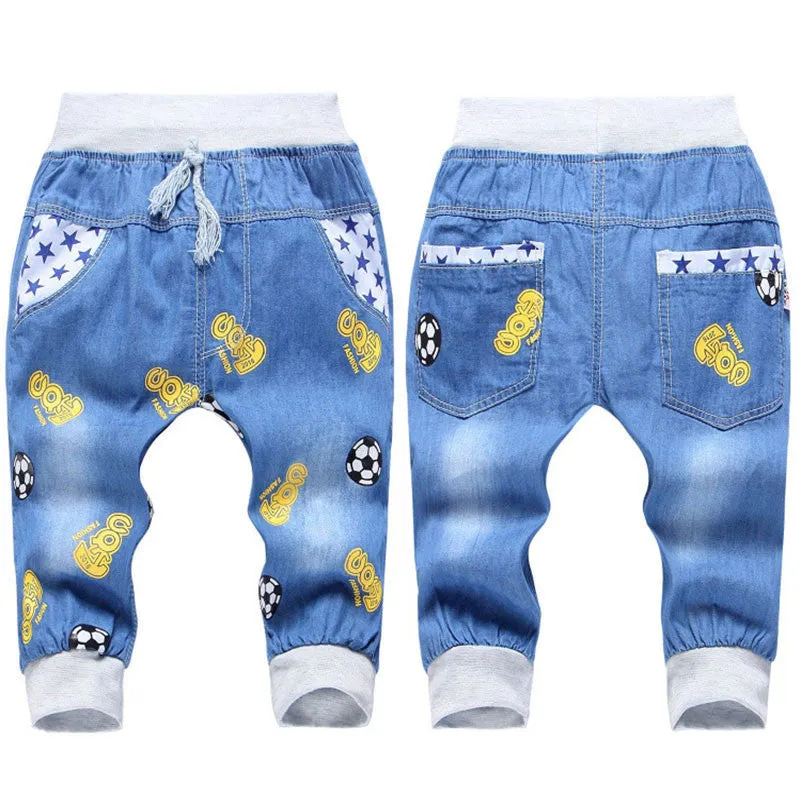Kids Jeans Elastic Waist Straight Bear Pattern Denim Seventh Pants Retail Boy Jeans For 2-5 Years WB142