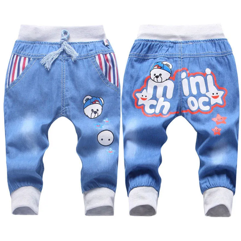 Kids Jeans Elastic Waist Straight Bear Pattern Denim Seventh Pants Retail Boy Jeans For 2-5 Years WB142