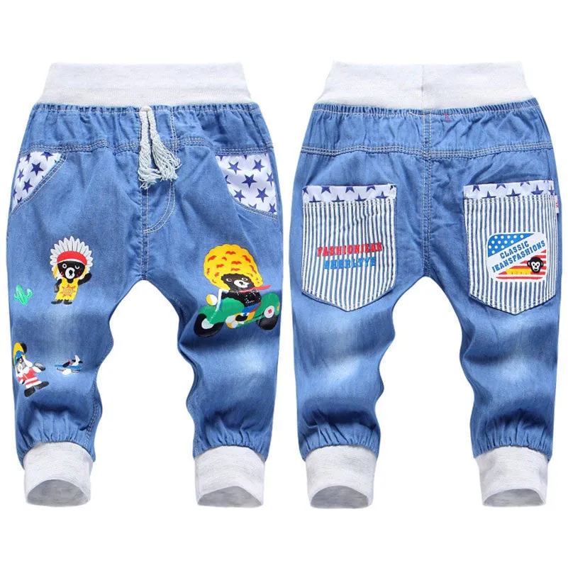 Kids Jeans Elastic Waist Straight Bear Pattern Denim Seventh Pants Retail Boy Jeans For 2-5 Years WB142
