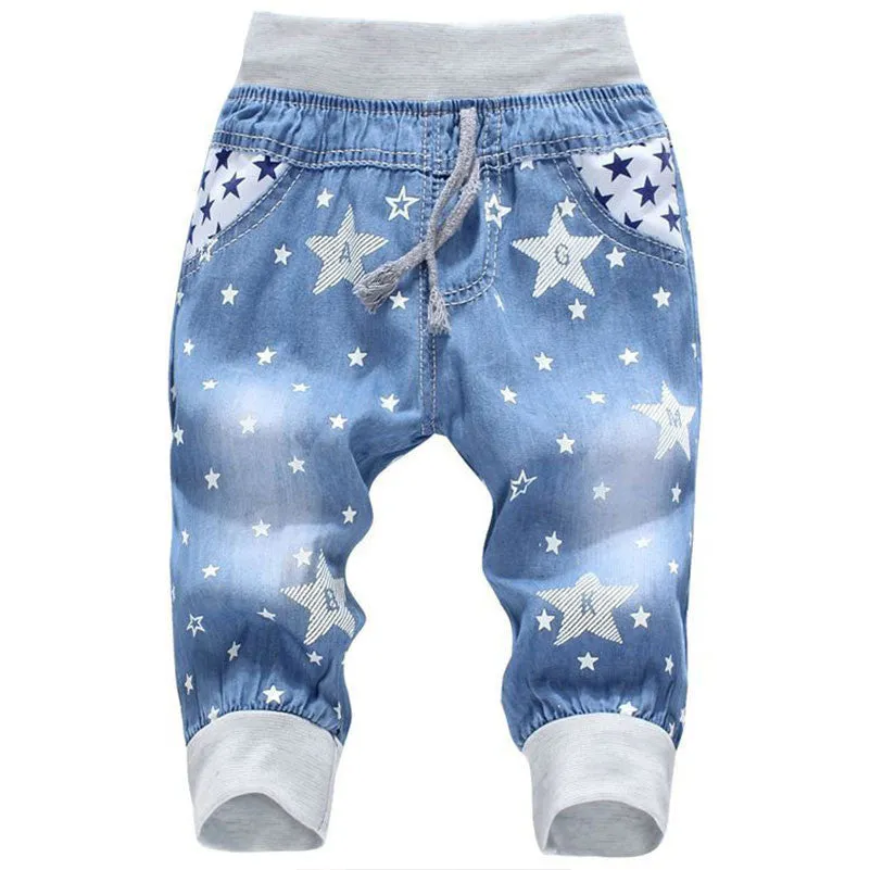 Kids Jeans Elastic Waist Straight Bear Pattern Denim Seventh Pants Retail Boy Jeans For 2-5 Years WB142