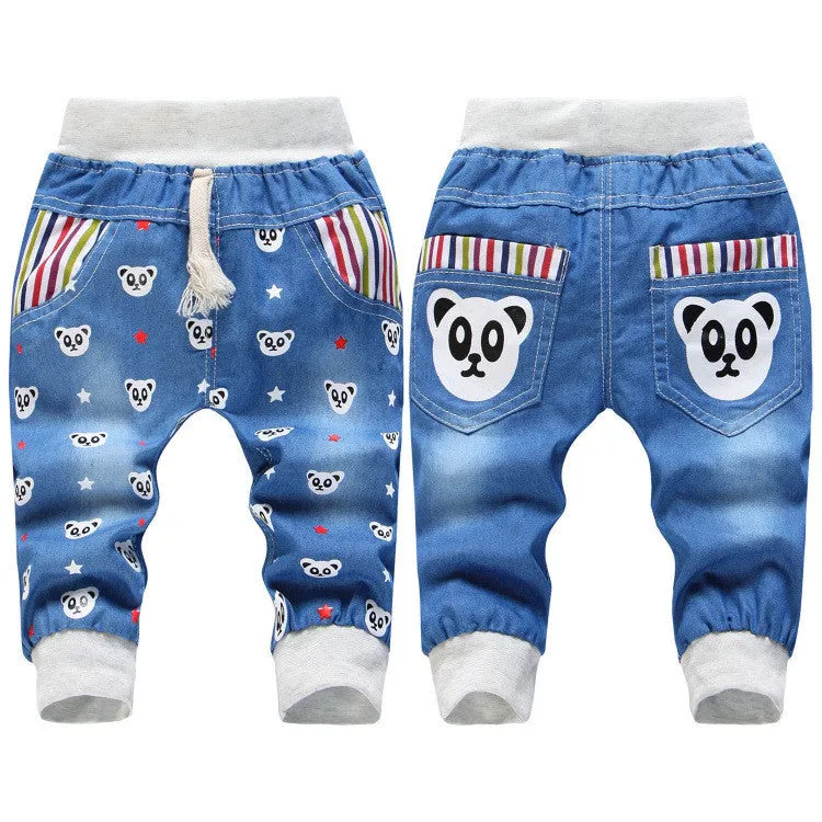 Kids Jeans Elastic Waist Straight Bear Pattern Denim Seventh Pants Retail Boy Jeans For 2-5 Years WB142