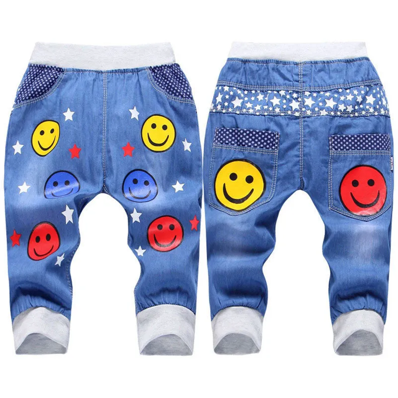 Kids Jeans Elastic Waist Straight Bear Pattern Denim Seventh Pants Retail Boy Jeans For 2-5 Years WB142