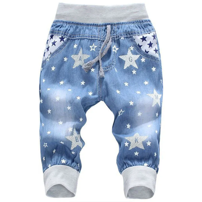 Kids Jeans Elastic Waist Straight Bear Pattern Denim Seventh Pants Retail Boy Jeans For 2-5 Years WB142